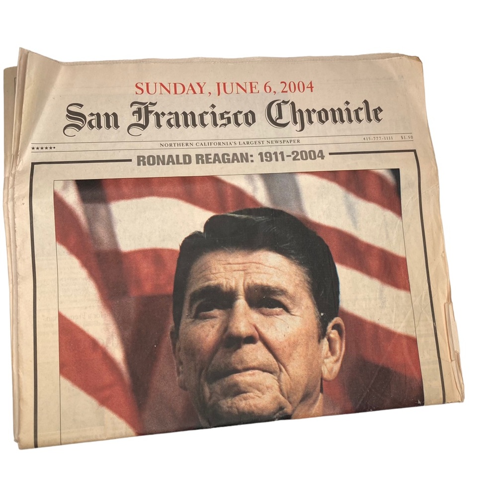 Ronald Reagan Vintage Cobalt Blue Coffee Mug + San Francisco Chronicles 6/4/2004